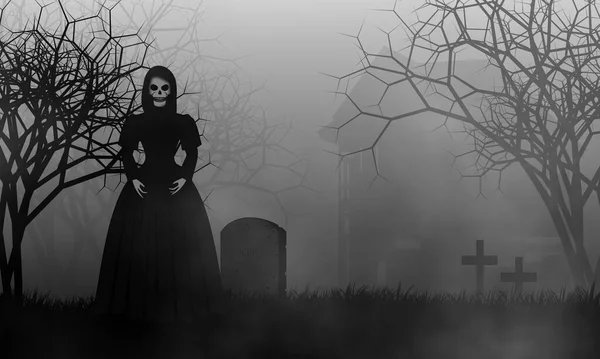 Ghost Woman Standing Graveyard Front Abandoned House Scary Night Halloween — Stock Photo, Image