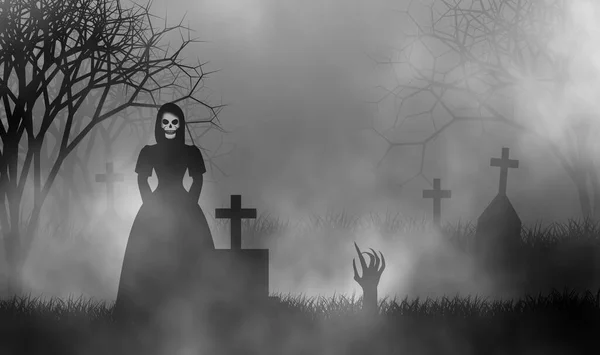 Ghost Lady Standing Graveyard Many Tombstones Zombie Hand Popep Ground — Stock Photo, Image