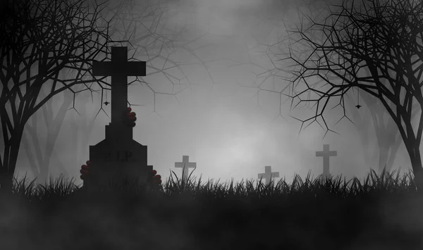 Scary cemetery in creepy forest with devil hands on tombstone and some spiders in foggy day.