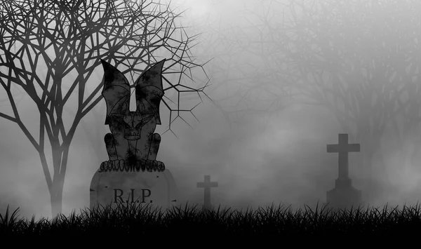 Scary Gargoyle Tombstone Horror Haunted Cemetery Night — Stock Photo, Image