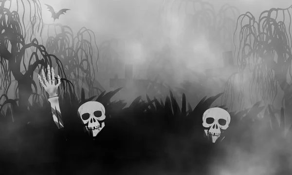 Концепция Хэллоуина Двумя Скелетами Появившимися Кладбище Ужасов — стоковое фото