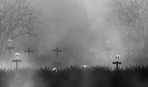 Cementerio Calaveras Aterradoras Diseño Ilustración Oscura Con Cubierta Niebla Todo — Foto de Stock