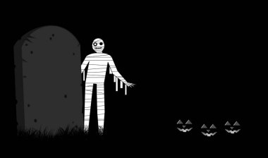 Mumya, mezar taşı ve siyah balkabaklarıyla cadılar bayramı teması için minimalist çizim tasarımı.