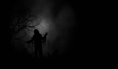 Gecenin karanlığında yürüyen zombilerin olduğu Cadılar Bayramı tasarımı tasarımı..