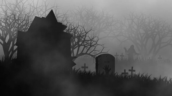 Haunted house of zombie in creepy forest on graveyard in scary time illustration concept design background for Halloween.