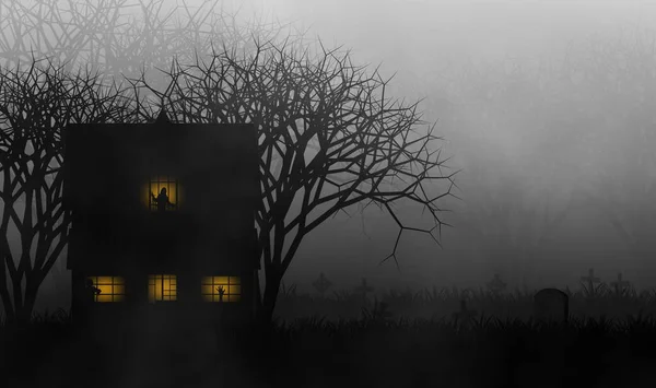 在令人毛骨悚然的森林图片说明中 有三具僵尸的鬼屋在墓地的概念设计背景之间 — 图库照片