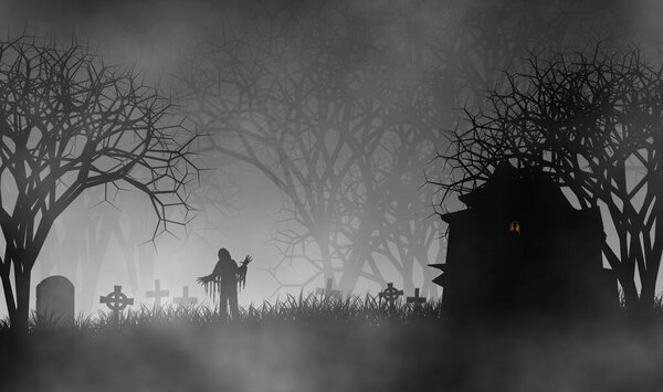 Zombie and dead man in haunted house over graveyard in foggy day illustration halloween concept design background.