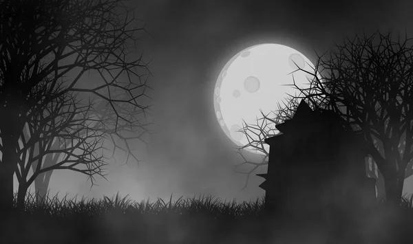恐怖的夜晚 草丛生 令人毛骨悚然的树木笼罩着这所闹鬼的房子 — 图库照片
