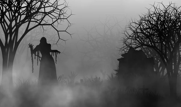 Nightmare Lady Zombie Standing Graveyard Front Haunted House Scaray Creepy — Stock Photo, Image