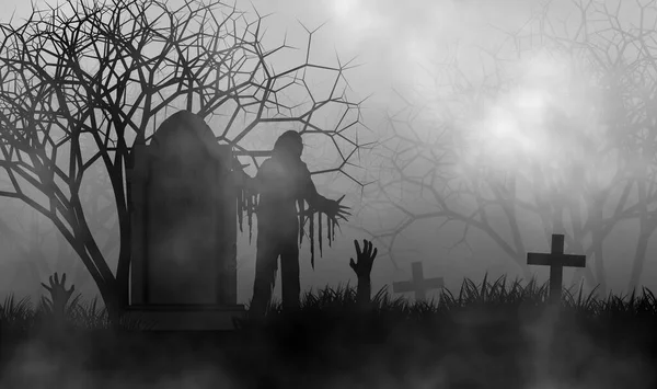 Страшное Кладбище Тумане Зомби Стоящим Рядом Гигантским Надгробием Кладбище Руки — стоковое фото