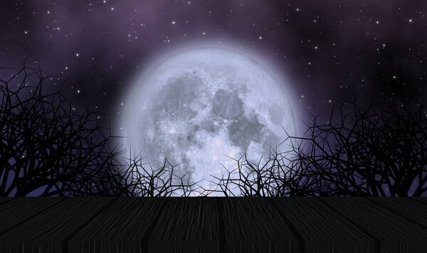 Scary moon in halloween night illustration concept design background with full moon, stars field, creepy trees, and dark wooden plate. Element of this image furnished by NASA.