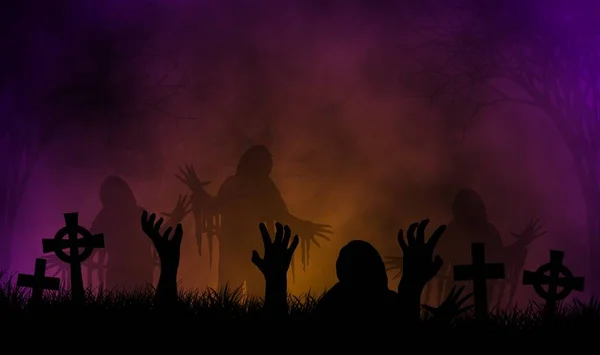 Zombies Miasto Halloween Koncepcja Ilustracja Projekt Tło Zombie Cmentarzu Nocy — Zdjęcie stockowe