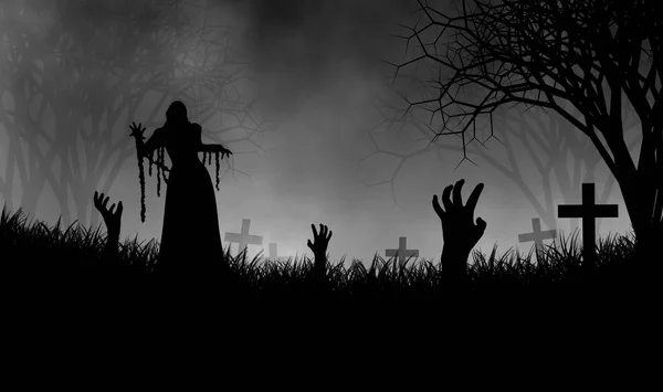 Haunted zombies on graveyard in creepy cemetery with many zombie hands, crosses and the mist.