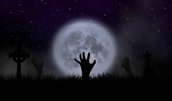 Zombie Ręce Wyskoczyły Ziemi Cmentarza Nawiedzonym Cmentarzu Świetle Pełni Księżyca — Zdjęcie stockowe