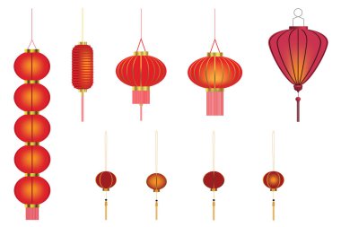 Çin fenerlerinin beyaz arka planda dizayn ögesi çeşitleri.