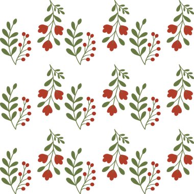 Beyaz arka planda, yeşil yapraklı, güzel çiçekli ve meyveli güzel kırmızı desenler..