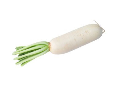 Tek bir daikon turpu beyaz bir zemin boyunca uzanır, pürüzsüz fildişi derisi ve yeşil taç taze, sadeliği ve Asya mutfağının toprak cazibesini çağrıştırır..