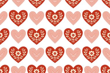 Alternatif kırmızı ve pembe kalplere sahip kusursuz desenler. Halk sanatı çiçekli tasarımlar ve beyaz arka planda noktalı dokular. Sevgililer Günü dekorasyonu için mükemmel..