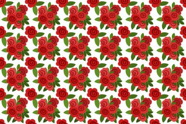Parlak yeşil yapraklı, parlak kırmızı güllerden oluşan kusursuz bir desen, simetrik olarak beyaz üzerine yerleştirilmiş, tekstil, duvar kağıdı veya dekoratif tasarımlar için mükemmel..