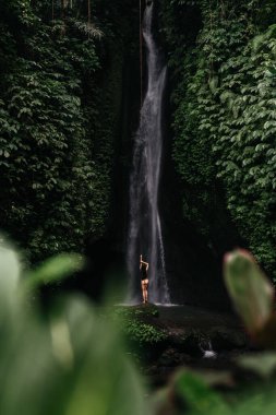 Ormanlardaki şelaleye bakan genç bir kadın..