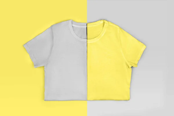 Gray and yellow t-shirts on colorful background