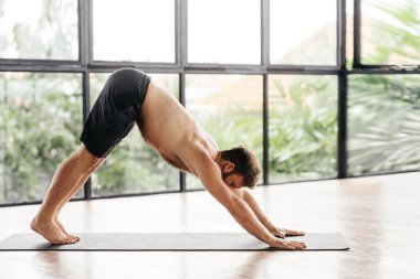 Yogacı adamlar stüdyoda pencerenin önünde egzersiz yapıyor.