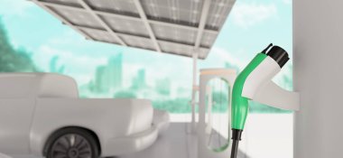 Modern şarj istasyonunda EV araba parkı şarj ediliyor. Arka planda güneş panelleri ve yeşil şehirli yenilenebilir enerji deposu. 3d illüstrasyon.