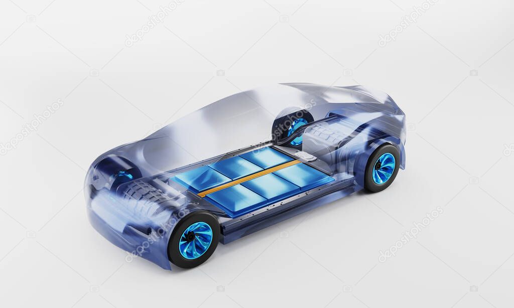 Inside ev car. battery pack rechargeable cells inside. chassis components. 3d Illustration
