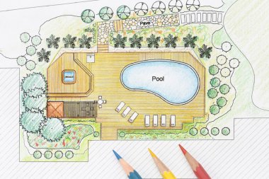 Landscape architect designs backyard plan with pool for luxury villa clipart