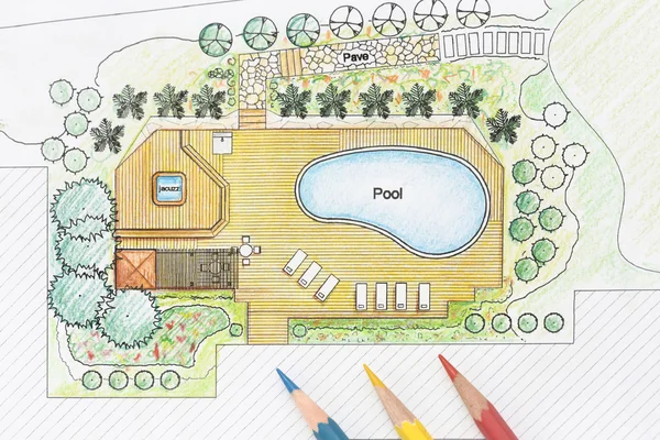 風景の建築家設計の高級ヴィラのプールと裏庭計画 — ストック写真