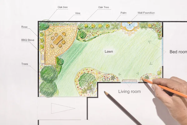Дизайн ландшафтного архітектора план двору — стокове фото