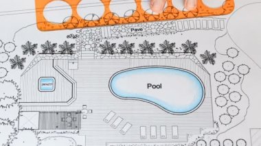 Peyzaj mimarı tasarımları arka planı havuzlu lüks Villa.