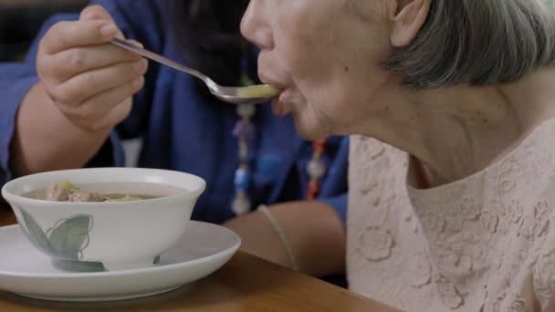 Filha Alimentando Mãe Idosa Com Sopa — Vídeo de Stock