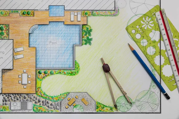 Villa için arka bahçe ve havuz tasarımı planı.