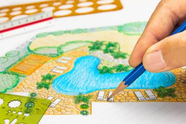 Villa için arka bahçe ve havuz tasarımı planı.