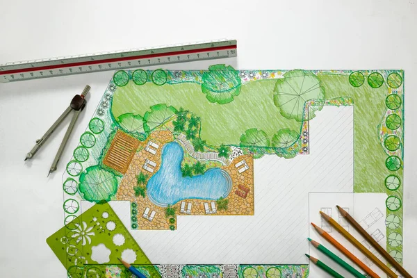 План Дизайну Саду Басейну Заднього Двору Вілли — стокове фото
