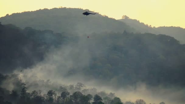 Brandbekämpning Helikopter Släppa Vatten Skogsbrand — Stockvideo