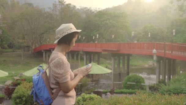 Azji Średnim Wieku Kobieta Turysta Relaks Zrobić Zdjęcie Słoniami Chiang — Wideo stockowe