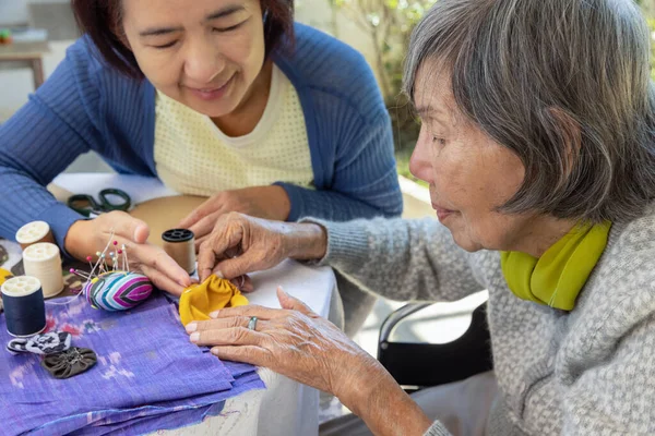 Elderly Woman Daughter Needle Crafts Occupational Therapy Alzheimers Dementia — Stock Photo, Image
