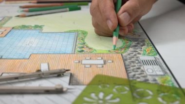 Villa için arka bahçe ve havuz tasarımı planı.