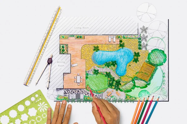 Paisaje Arquitecto Estudiante Diseño Jardín Patio Trasero Plan Piscina Para — Foto de Stock