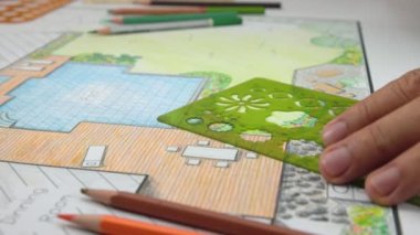 Villa için arka bahçe ve havuz tasarımı planı.
