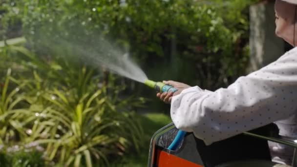 Sênior Mão Mulher Segurando Mangueira Pulverizador Plantas Rega Quintal — Vídeo de Stock