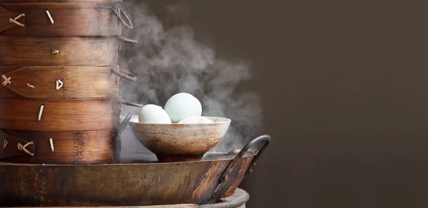 Ovos Chá Chineses Bolinho Massa Parte Manhã Ponto Venda Comida — Fotografia de Stock