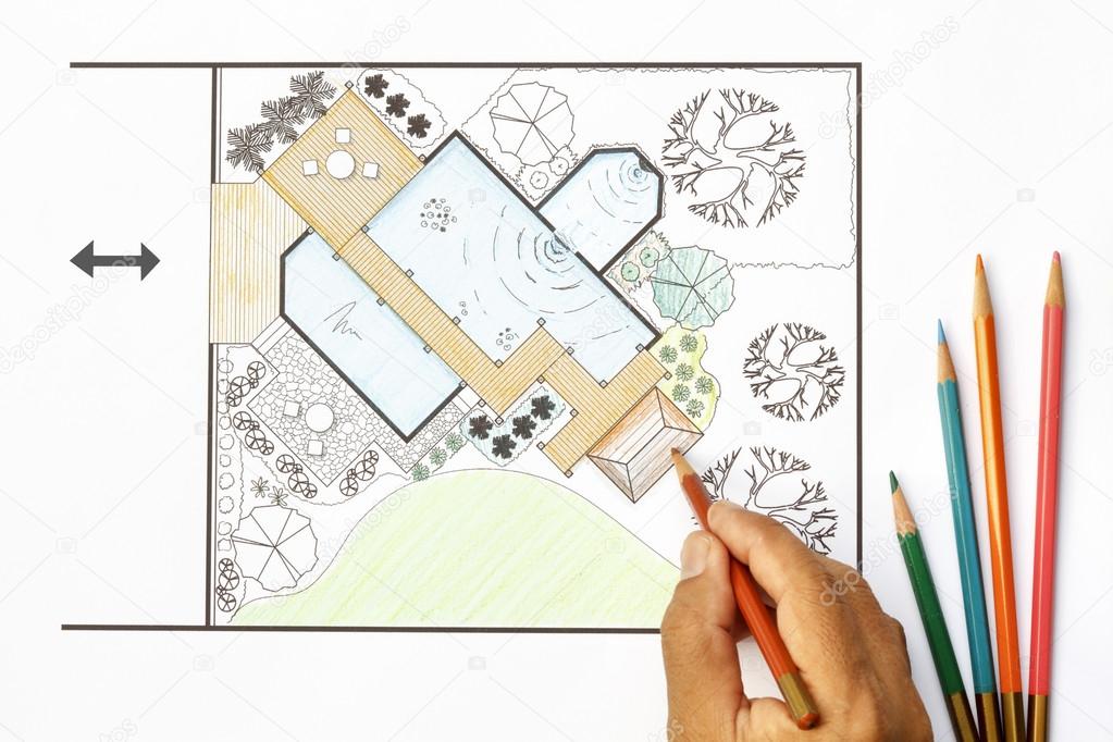 Landschaftsarchitekt entwirft Wassergarten-Pläne für Hinterhof