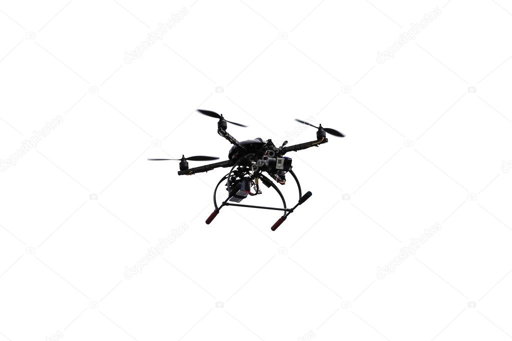 Flying drone with camera on white background.