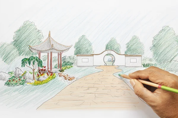 Architecte paysagiste plan de jardin chinois — Photo
