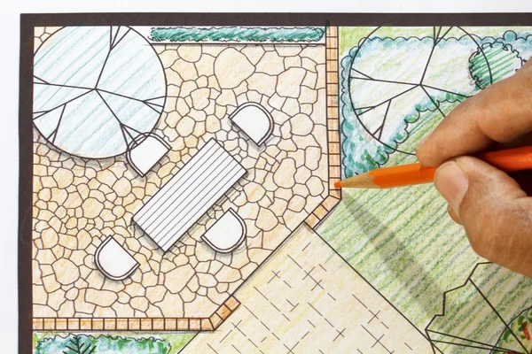 Peyzaj mimarı tasarım patio Arka Bahçe planı. — Stok fotoğraf
