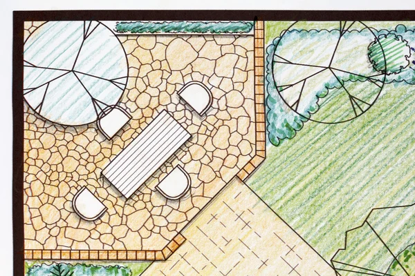 De tuin plan achtertuin met stenen patio — Stockfoto