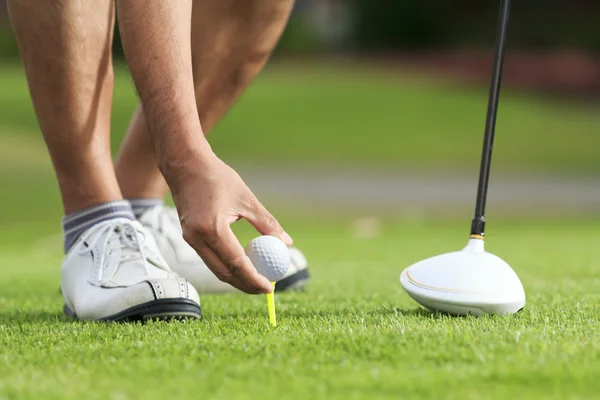 Mantenga la mano pelota de golf con tee en curso — Foto de Stock